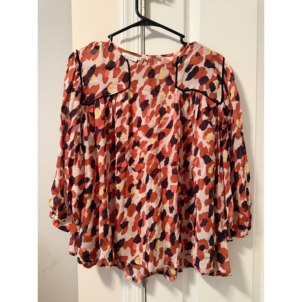 Masai Copenhagen Abstract Print Viscose Blouse Coral Orange Black Size M 21SPR